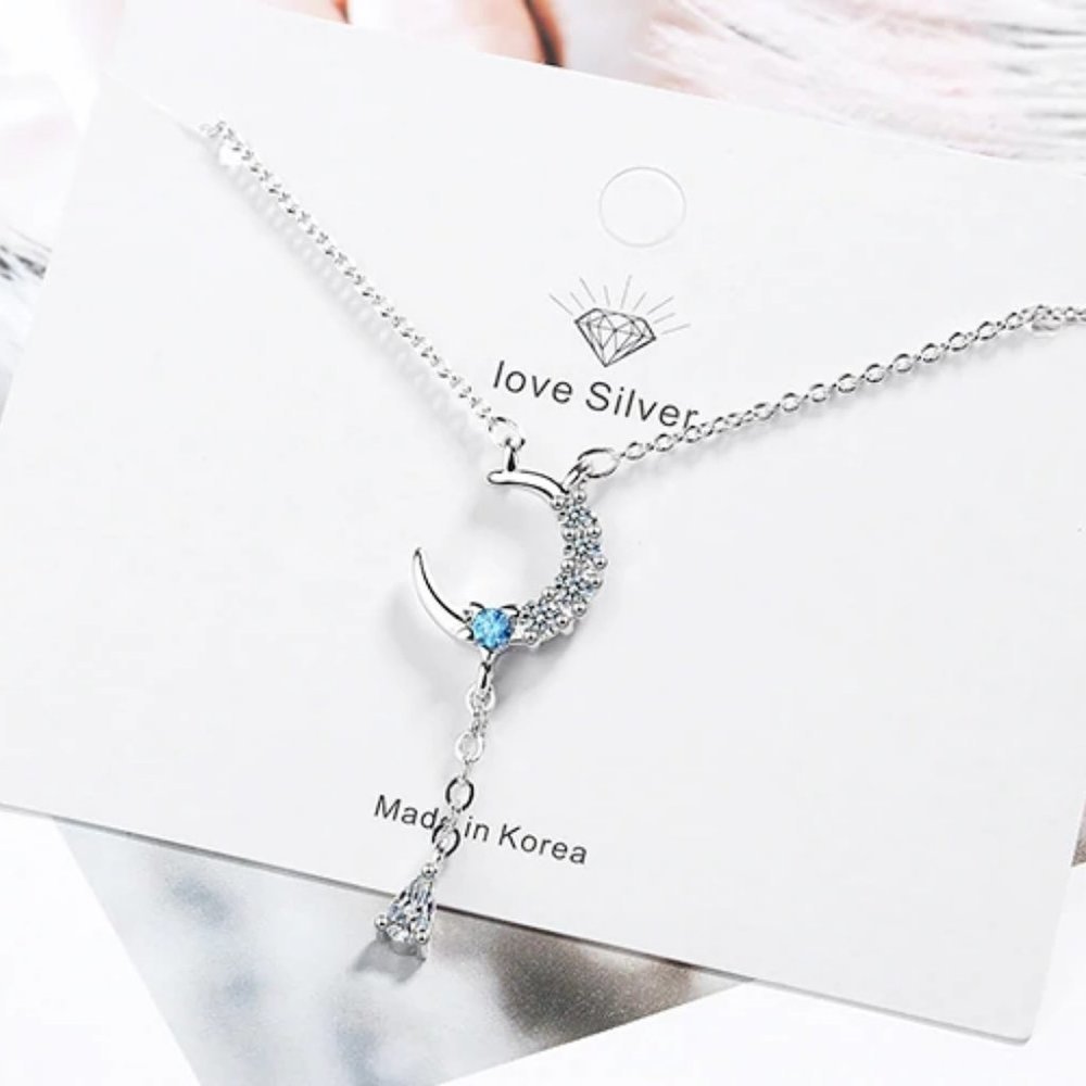 NEW 925 Sterling Silver Diamond Moon Drop Necklace
